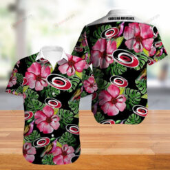 Carolina Hurricanes Floral & Leaf Pattern Curved Hawaiian Shirt In Green & Pink
