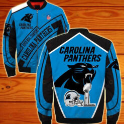 Carolina Panthers Big Logo And Text Pattern Bomber Jacket - Blue/ Black