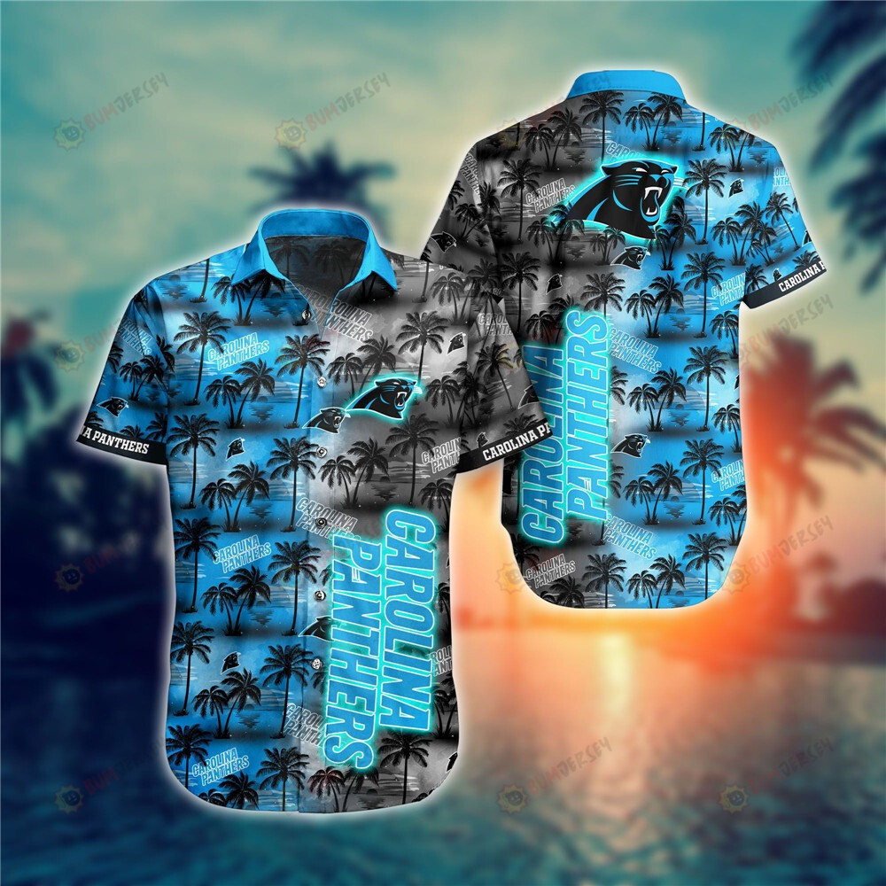 Carolina Panthers Coconut Tree Pattern Curved Hawaiian Shirt In Light Blue & Black