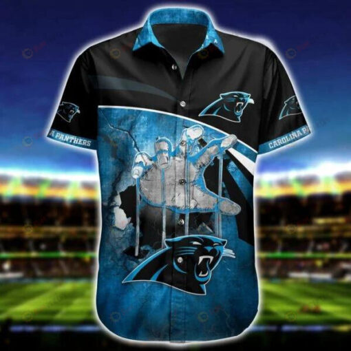 Carolina Panthers Curved Hawaiian Shirt In Blue Black