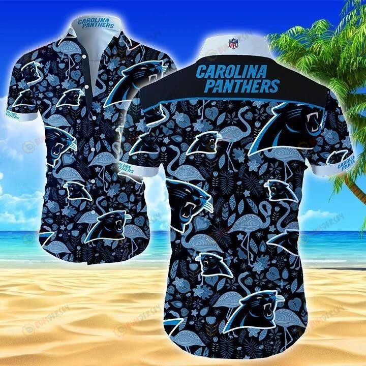Carolina Panthers Flamingo Curved Hawaiian Shirt In Black Navy