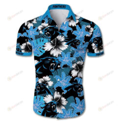 Carolina Panthers Floral & Leaf Pattern Curved Hawaiian Shirt In Blue & Black