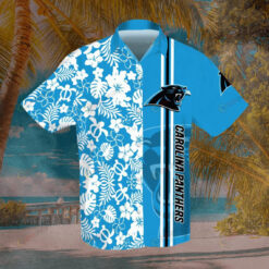 Carolina Panthers Floral & Leaf Pattern Curved Hawaiian Shirt In Light Blue & White