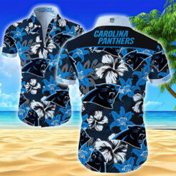 Carolina Panthers Flower & Leaf Pattern Curved Hawaiian Shirt In Blue & Black