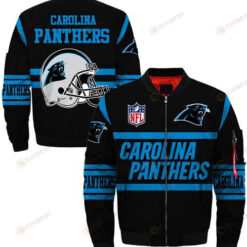 Carolina Panthers Helmet And Text Pattern Bomber Jacket - Black/ Blue