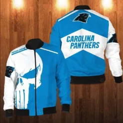 Carolina Panthers Punisher Skull Pattern Bomber Jacket - Blue And White