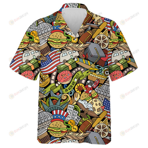 Cartoon Doodles Backdrop With American Culture Symbols And Items Hawaiian Shirt