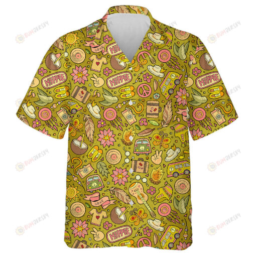 Cartoon Filled Outline Hand Drawn Flowers Acoustic Guitar Hippie Pattern Hawaiian Shirt