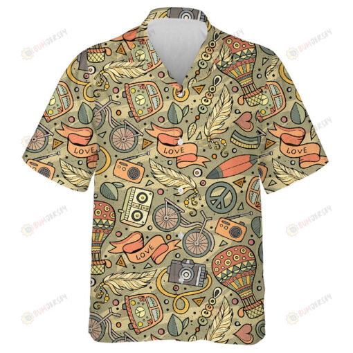 Cartoon Hand Drawn Hippie Lots Of Objects Pattern Hawaiian Shirt