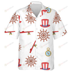 Cartoon Illustration Of Columbus Day With Compass And Hat Hawaiian Shirt