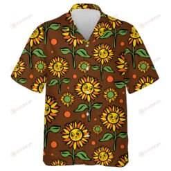 Cartoon Smiley Face Sunflowers On Brown Background Hawaiian Shirt