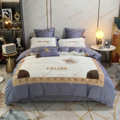 Celine Logo Satin Cotton Bedding Set In White/Blue