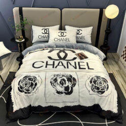 Chanel CC Camelia Thick Crystal Velvet Cotton Bedding Set In Black/White