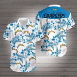 Chargers Leaf Pattern Curved Hawaiian Shirt In White & Blue