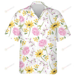 Charming Roses And Sunflowers Pattern On White Background Hawaiian Shirt