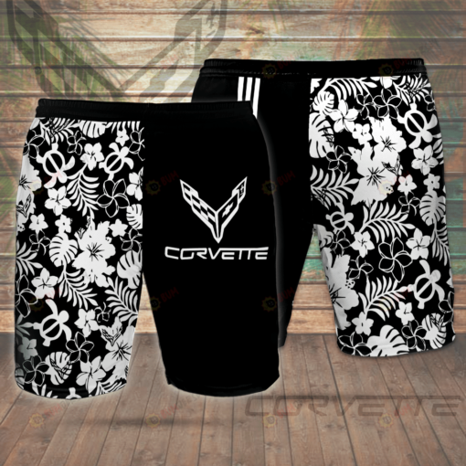 Chevrolet Corvette Black Floral Theme Hawaiian Shorts Summer Shorts Men Shorts - Print Shorts