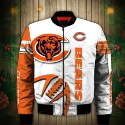 Chicago Bears Bear Pattern Bomber Jacket - Orange And White