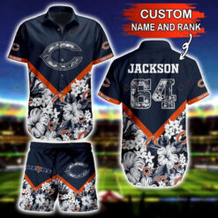 Chicago Bears Custom Name And Number Floral Hawaiian Shirt Set In Navy