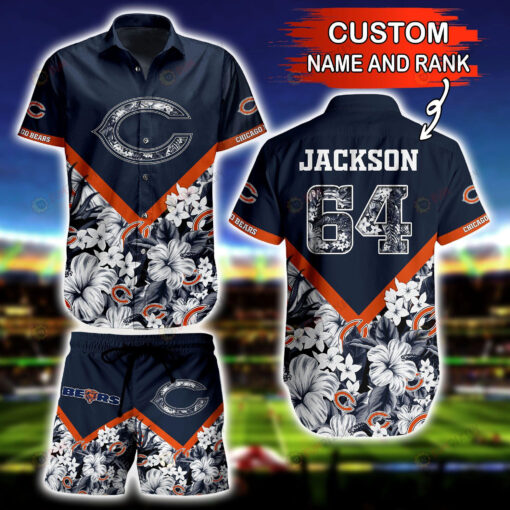 Chicago Bears Custom Name And Number Floral Hawaiian Shirt Set In Navy