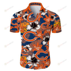 Chicago Bears Flower & Leaf Pattern Curved Hawaiian Shirt In Orange & Blue