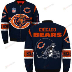 Chicago Bears Logo And Helmet Pattern Bomber Jacket - Blue/ Orange