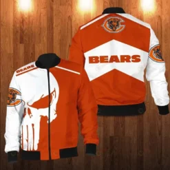 Chicago Bears Punisher Skull Pattern Bomber Jacket - Orange And White