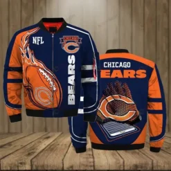 Chicago Bears Team Logo Pattern Bomber Jacket - Orange And Navy Blue