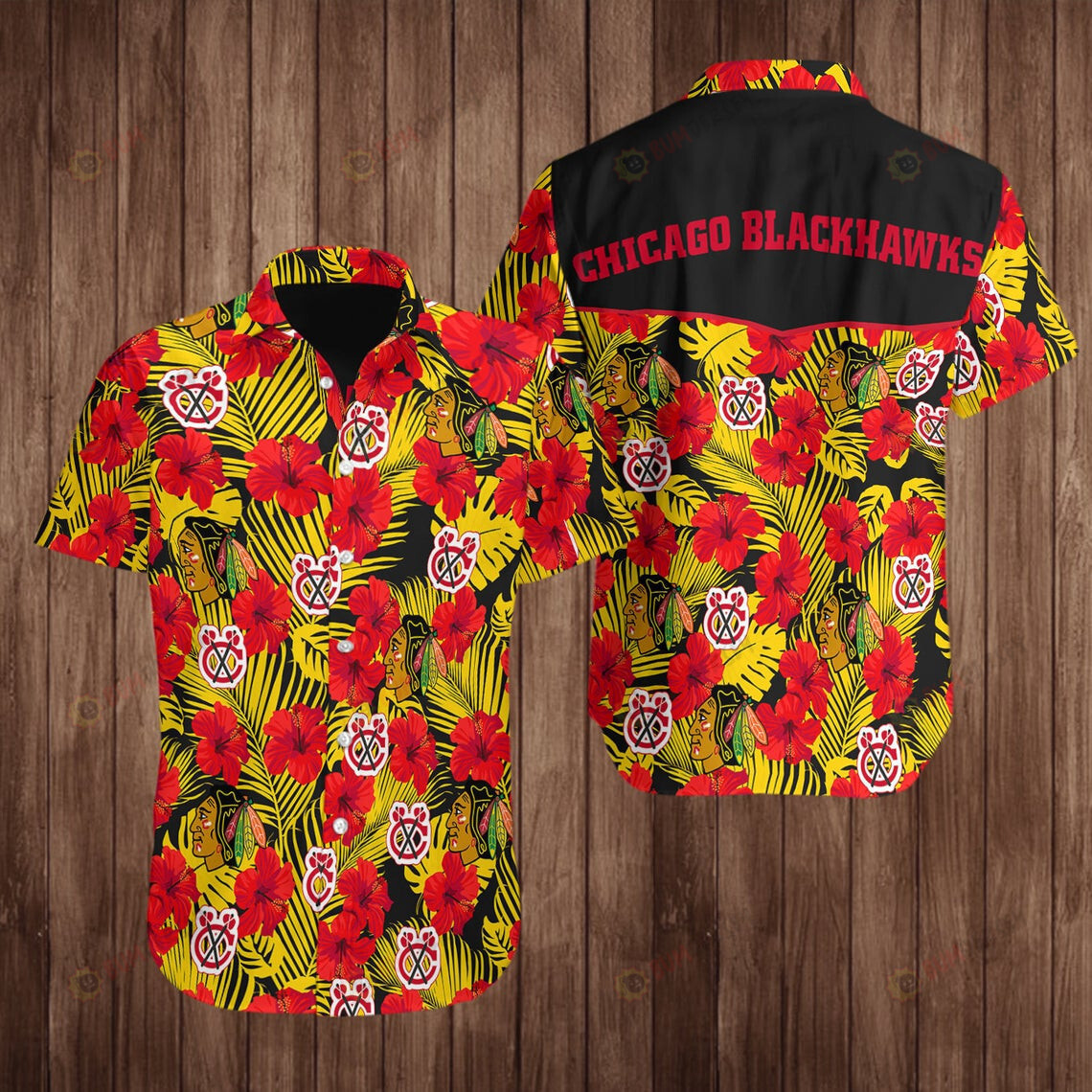 Chicago Blackhawks Floral & Leaf Pattern Curved Hawaiian Shirt In Yellow & Red