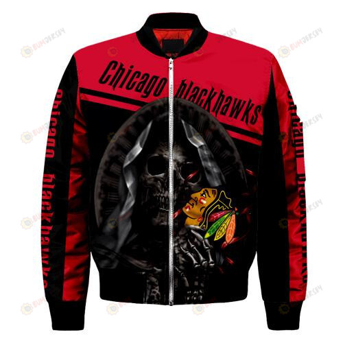Chicago Blackhawks Logo With Skull Pattern Bomber Jacket- Red/Black