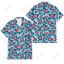 Chicago Cubs Blue Line White Hibiscus Black Background 3D Hawaiian Shirt
