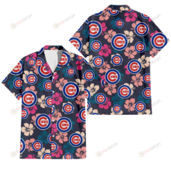 Chicago Cubs Colorful Hibiscus Black Background 3D Hawaiian Shirt