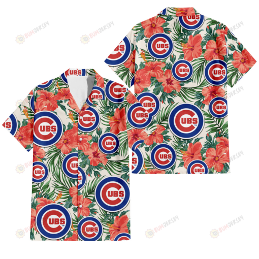 Chicago Cubs Coral Hibiscus Green Leaf Beige Background 3D Hawaiian Shirt