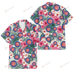 Chicago Cubs Coral Pink Hibiscus Green Leaf Beige Background 3D Hawaiian Shirt