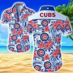 Chicago Cubs Curved Hawaiian Shirt Blue Red Pattern