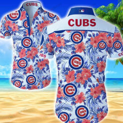 Chicago Cubs Flower & Leaf Pattern Curved Hawaiian Shirt In Blue & Red