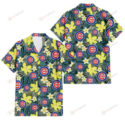 Chicago Cubs Hibiscus Green Palm Leaf Black Background 3D Hawaiian Shirt