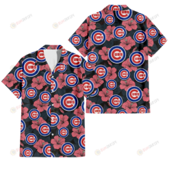Chicago Cubs Light Coral Hibiscus Gray Leaf Black Background 3D Hawaiian Shirt