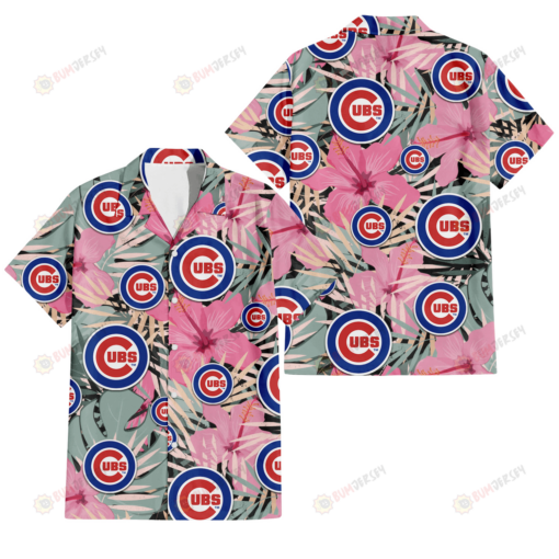 Chicago Cubs Light Pink Hibiscus Pale Green Leaf Black Background 3D Hawaiian Shirt