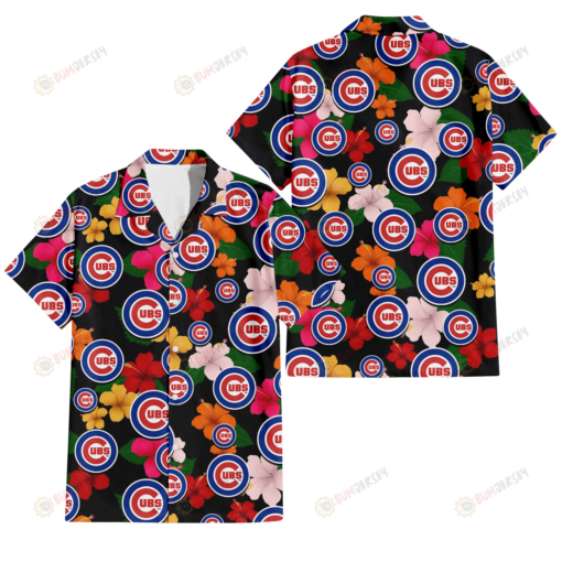 Chicago Cubs Pink Orange Yellow White Hibiscus Black Background 3D Hawaiian Shirt