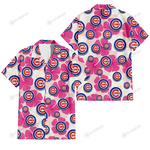 Chicago Cubs Pink White Hibiscus Misty Rose Background 3D Hawaiian Shirt