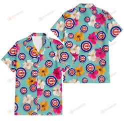 Chicago Cubs Pink Yellow White Hibiscus Turquoise Background 3D Hawaiian Shirt