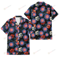 Chicago Cubs Red And White Hibiscus Dark Leaf Black Background 3D Hawaiian Shirt