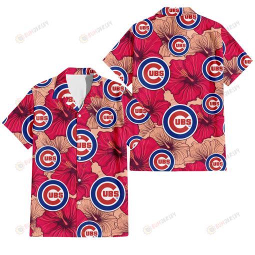 Chicago Cubs Red Beige Hibiscus Beige Background 3D Hawaiian Shirt