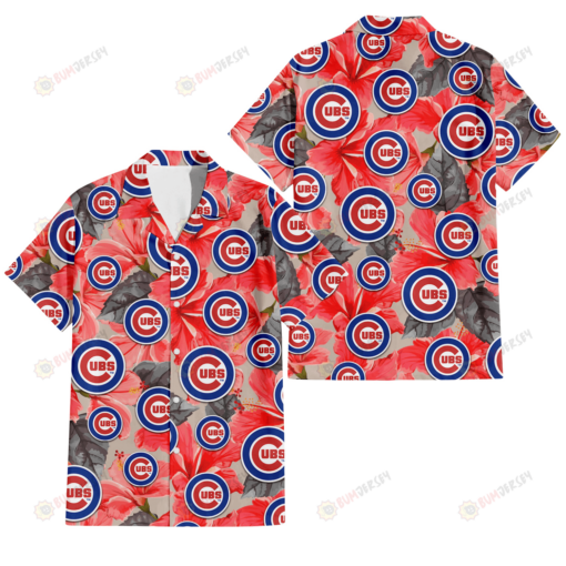 Chicago Cubs Red Hibiscus Gray Leaf Beige Background 3D Hawaiian Shirt