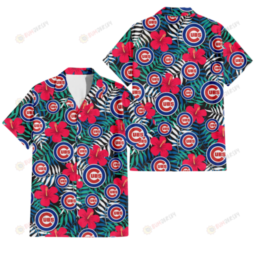 Chicago Cubs Red Hibiscus Green Blue White Leaf Black Background 3D Hawaiian Shirt