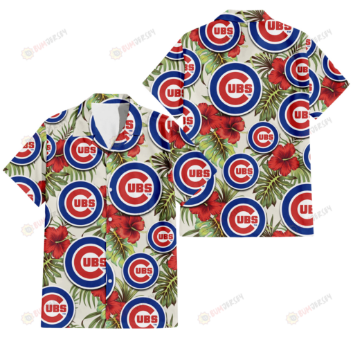 Chicago Cubs Red Hibiscus Green Tropical Leaf Cream Background 3D Hawaiian Shirt
