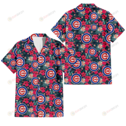 Chicago Cubs Tiny Red Hibiscus White Porcelain Flower Black Background 3D Hawaiian Shirt