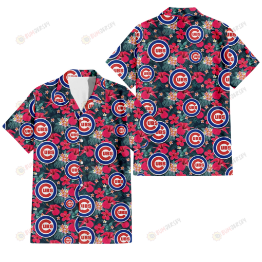 Chicago Cubs Tiny Red Hibiscus White Porcelain Flower Black Background 3D Hawaiian Shirt