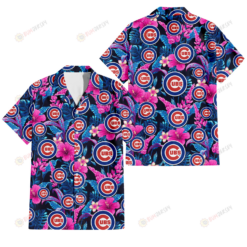 Chicago Cubs Violet Red Hibiscus Blue Leaf Black Background 3D Hawaiian Shirt