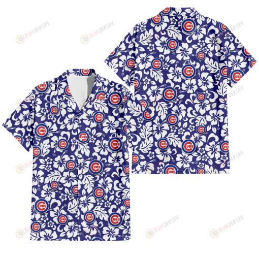 Chicago Cubs White Hibiscus Pattern Slate Blue Background 3D Hawaiian Shirt